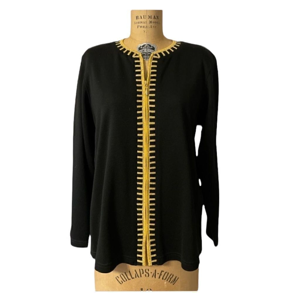 Vintage Bobbie Brooks Black with gold edging zip up cardigan sweater size Large